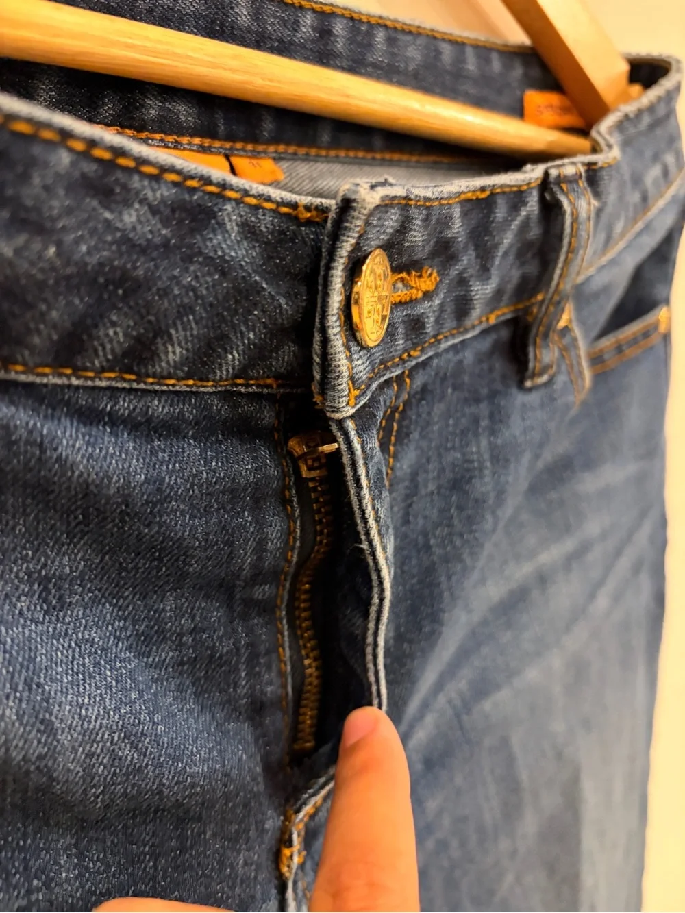 Tory Burch Super Skinny Jeans in Dark and Light Blue with Gold Stitching